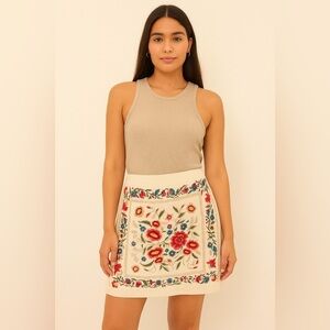 Umgee Linen Blend Skirt with Floral Embroidery, Size XL